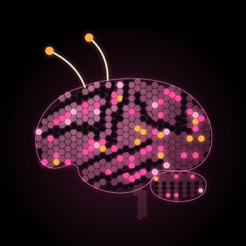 a brain drawn as pink and amber honeycomb cells, with two antennae